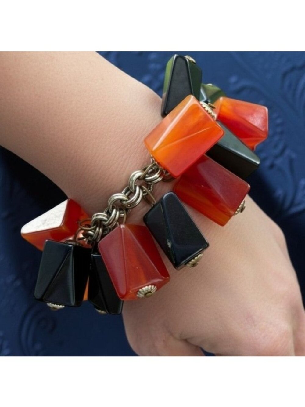 Vintage Bakelite Charm Bracelet Art Deco Orange Black Chunky Dangle Gold Tone